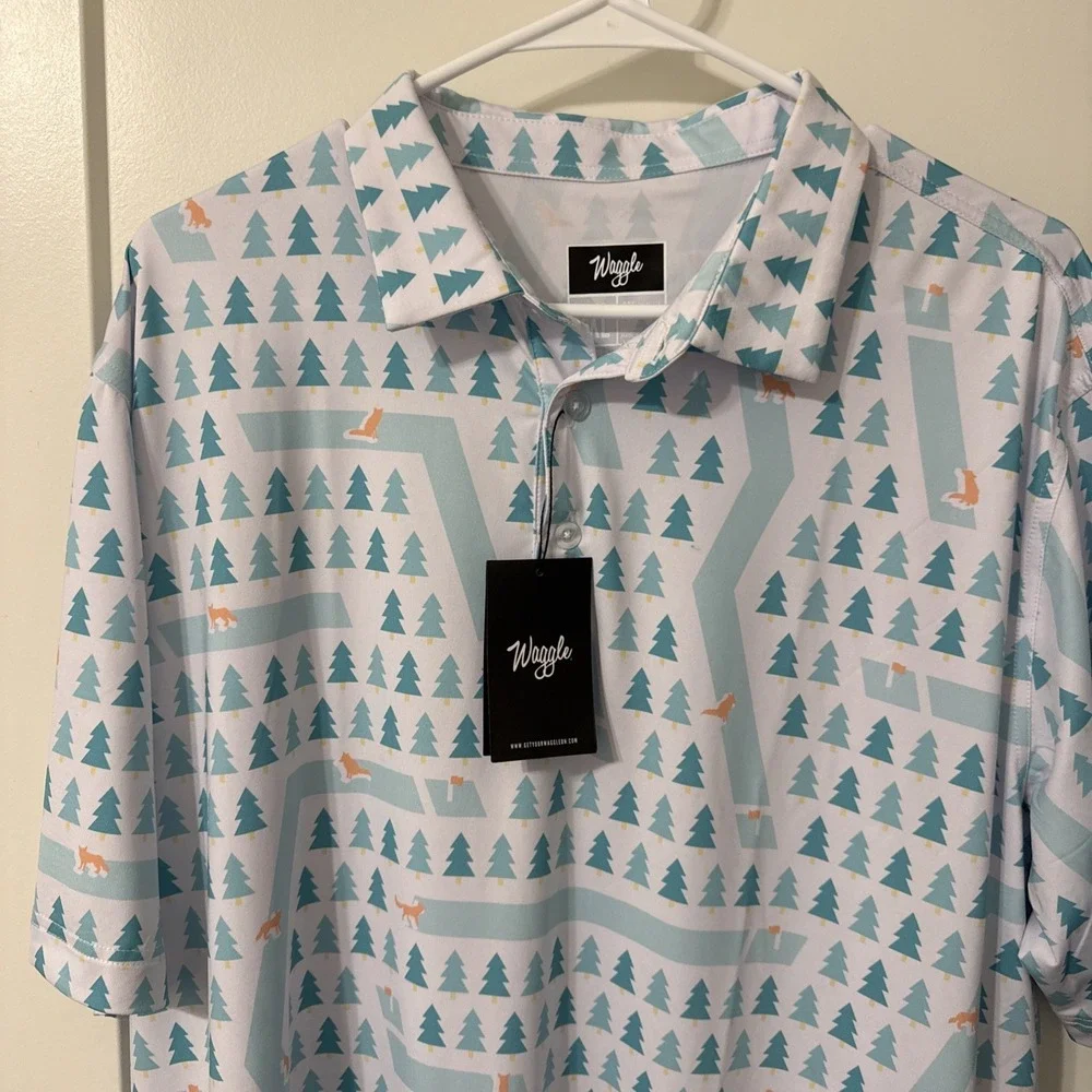 Waggle Golf Polo Men's 2XL White Green Wolf Forest Fairway AOP Performance - NWT - Picture 2 of 5